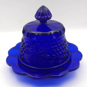 Vintage Mosser Glass Grape & Cable Cobalt Blue Covered Butter Dish USA